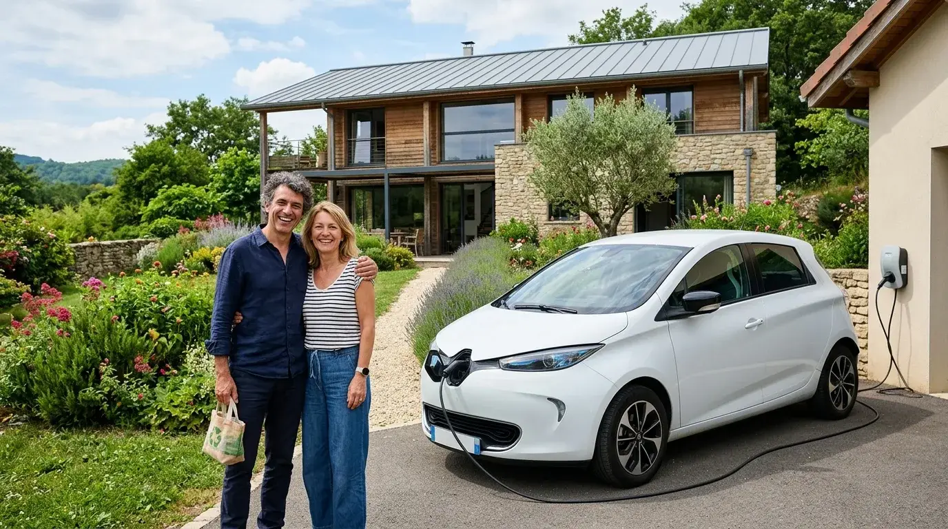 Propriétaires devant leur maison avec leur voiture électrique en charge