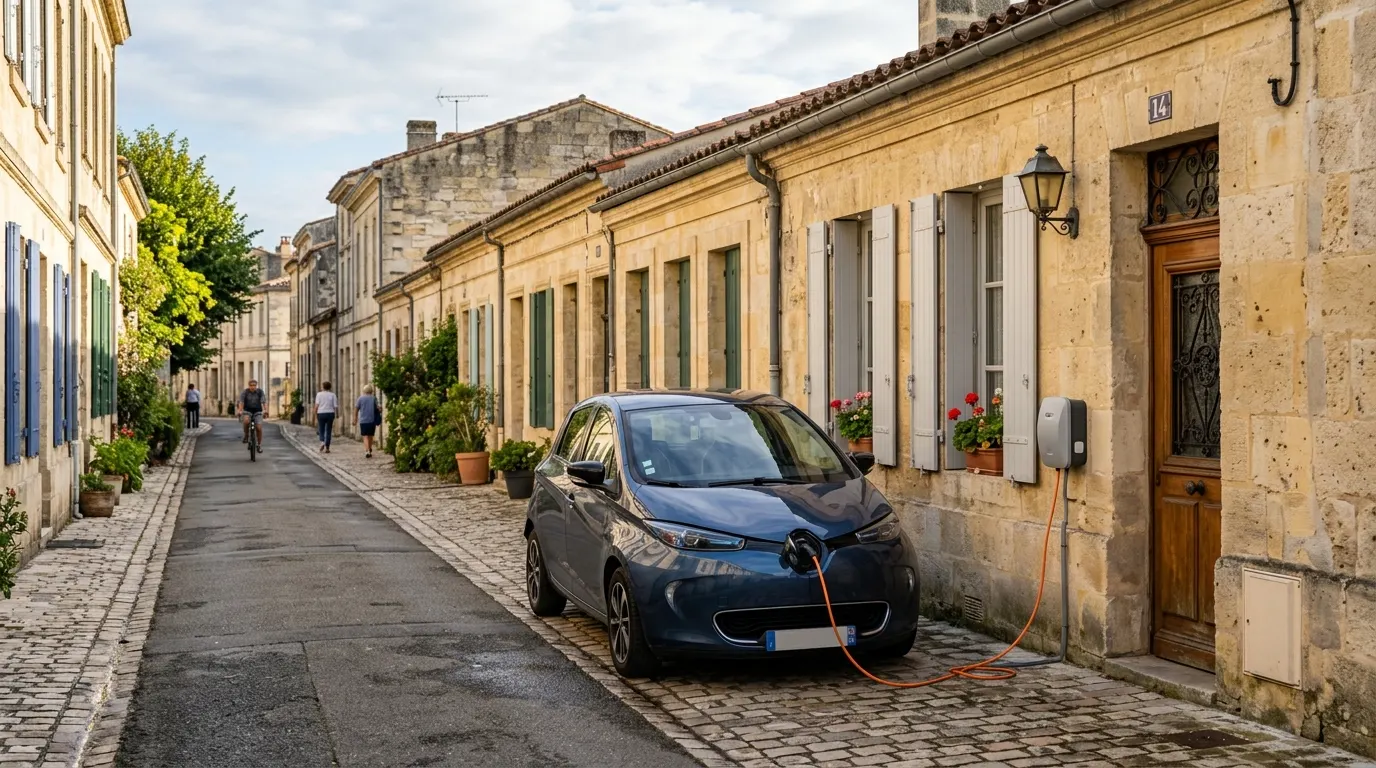 Échoppe bordelaise en pierre avec voiture électrique en charge sur wallbox