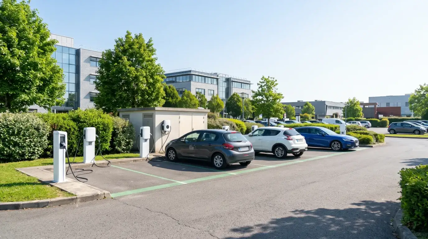 Parking d'entreprise en plein jour avec des bornes de recharge blanches et des voitures électriques en charge, entouré de haies et d'arbres