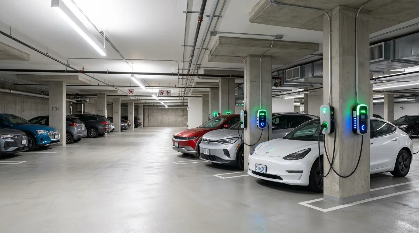 Bornes de recharge dans un parking souterrain de copropriété