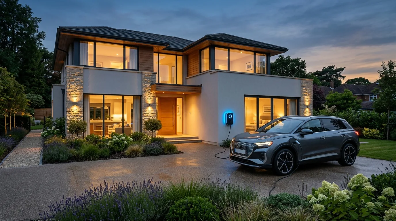 Maison moderne avec voiture électrique en charge sur wallbox