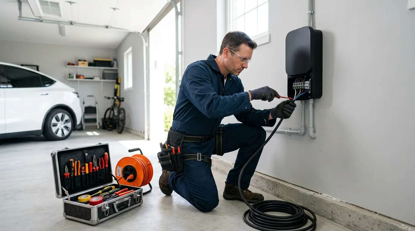 Électricien certifié IRVE installant une borne de recharge wallbox dans un garage
