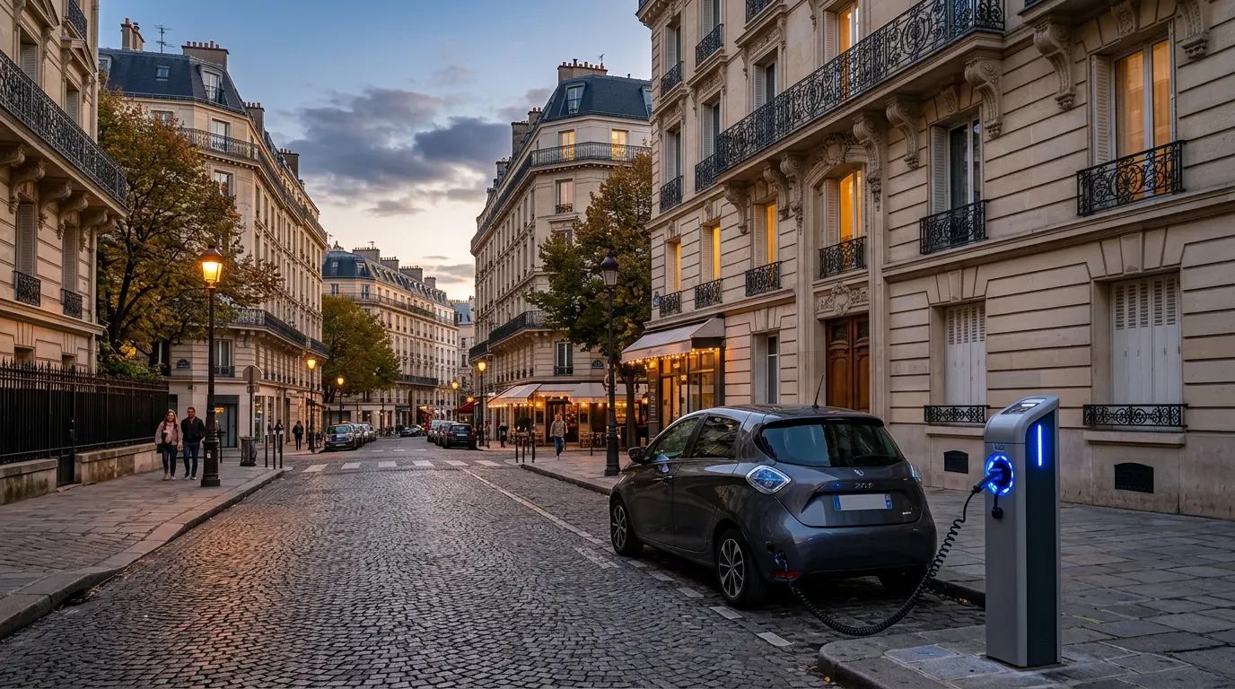 Rue haussmannienne à Paris avec voiture électrique en charge sur une borne