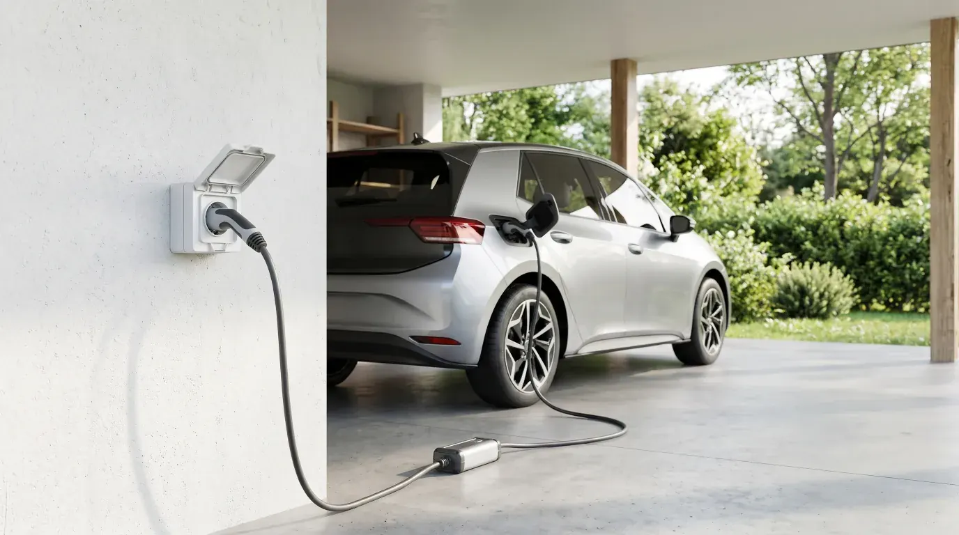 Prise renforcée murale blanche dans un carport lumineux, avec une voiture électrique branchée par son câble de recharge, jardin verdoyant en arrière-plan