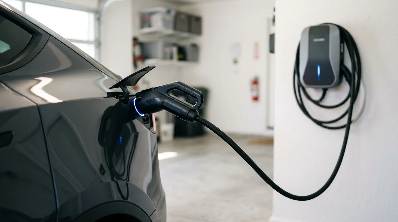 Câble de recharge branché sur une voiture électrique devant une wallbox à domicile