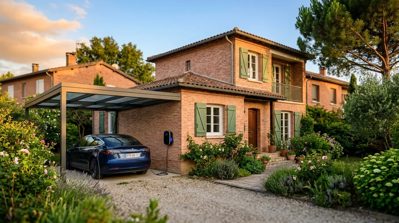 Maison toulousaine en brique rose avec wallbox sous carport