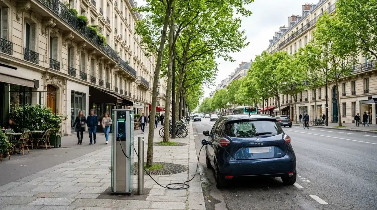 Voiture électrique en charge sur une borne en ville, près de Nice